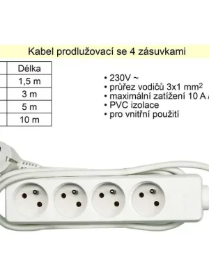Prodlužovací kabel 4 zásuvky délka 10 m