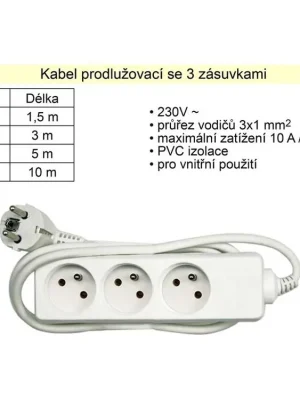 Prodlužovací kabel 3 zásuvky délka 10 m