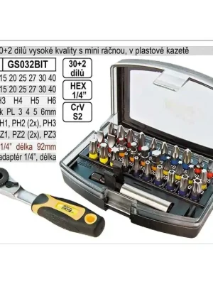 Bity sada 30+2 vysoké kvality s mini ráčnou, v plastové kazetě