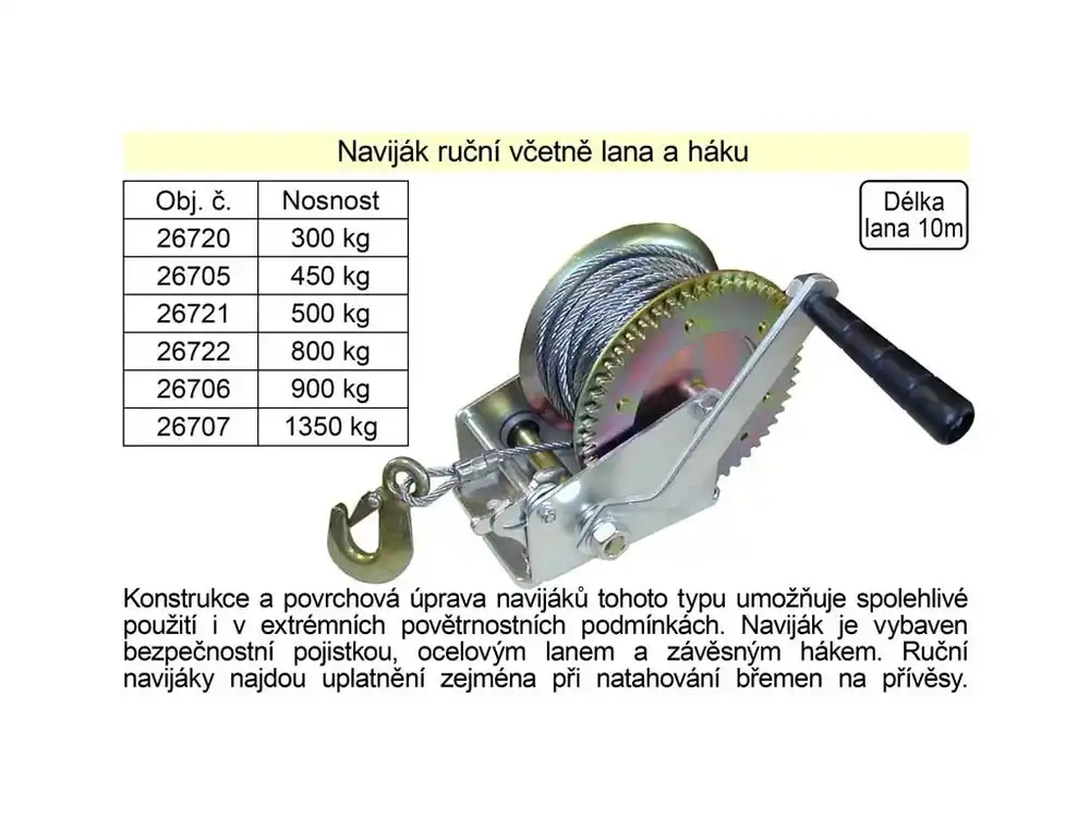 Naviják ruční včetně lana a háku, nosnost 300kg