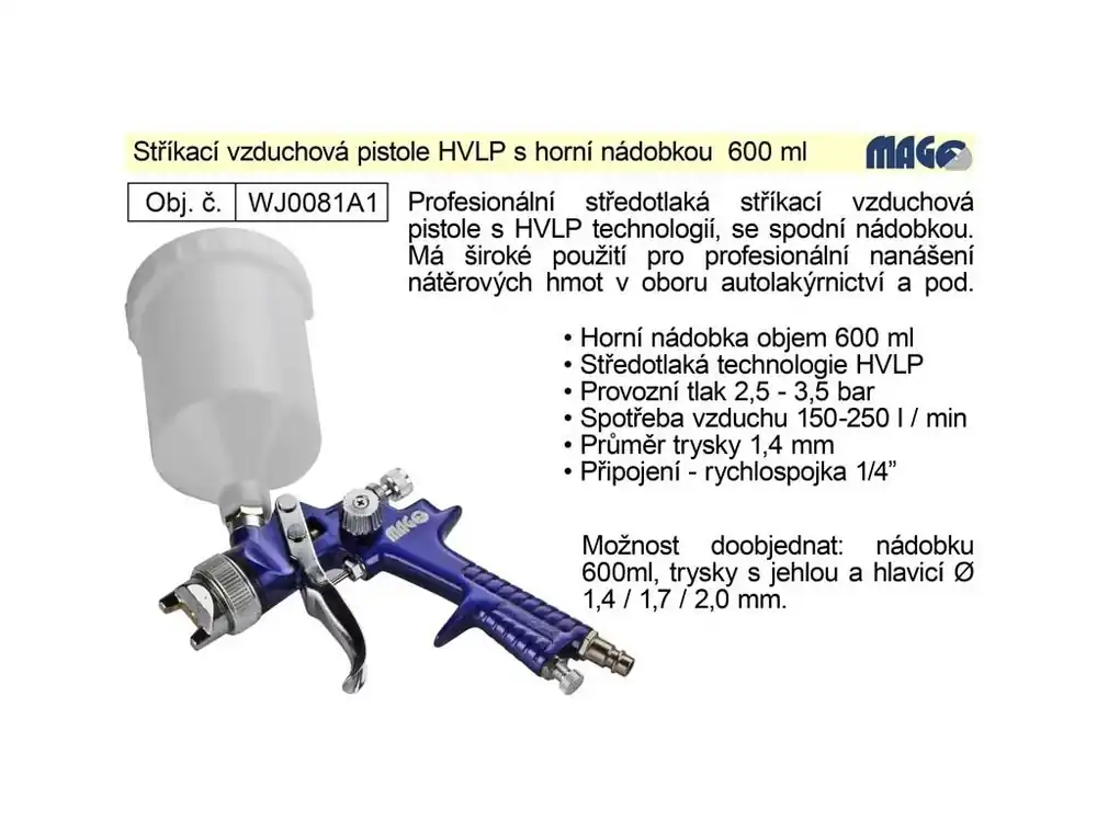 Pistole stříkací vzduchová HVLP Magg Profi horní nádobka 600ml