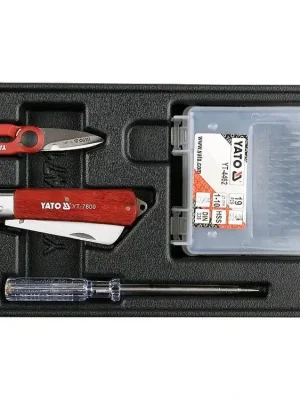 Vložka do zásuvky, YT-55471, nůžky, nůž, zkoušečka, vrtáky, sada 23 kusů, Yato
