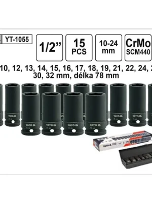 YATO Gola ořechy šestihranné kované prodloužené 1/2" sada 15 kusů 10-32mm YT-1055