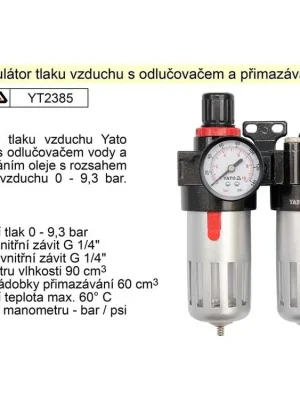 YATO Regulátor tlaku vzduchu s odlučovačem a přimazáváním, 1/4", redukční ventil YT-2385