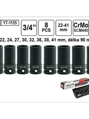 YATO Gola ořechy šestihranné kované prodloužené 3/4" sada 8 kusů 22-41mm YT-1155