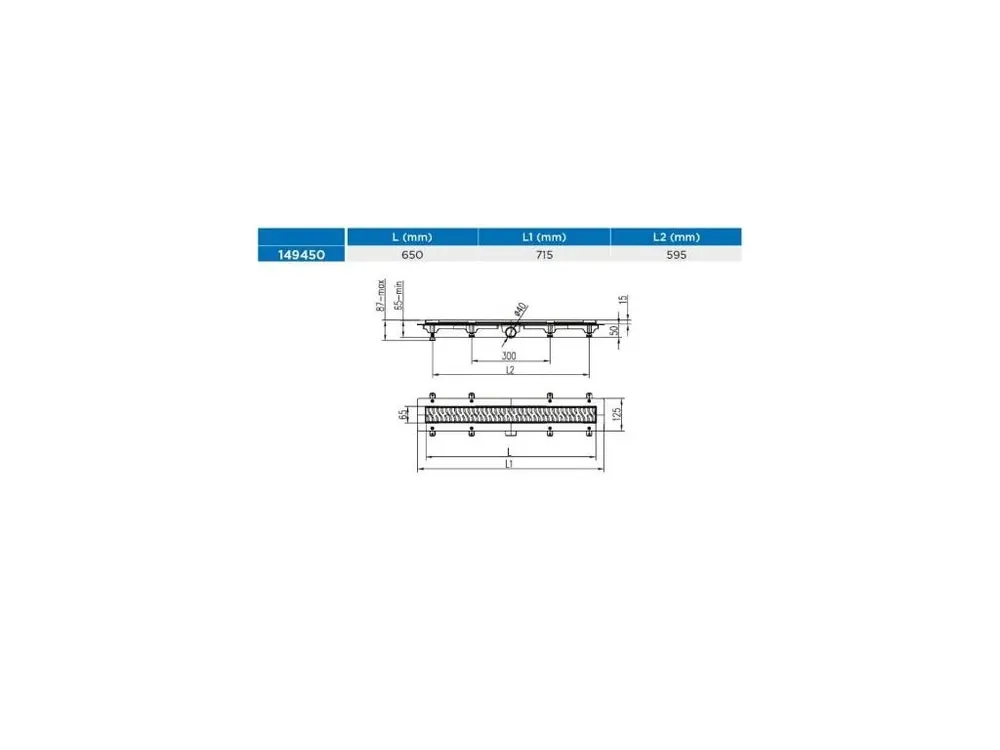 Žlab podlahový linearní 650 mm, D 40 mm, boční, medium mat, ENPRO