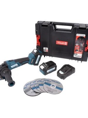 XTLINE Aku úhlová bruska bezuhlíková 18 V, 125 mm + kotouče + 2 baterie 5.0 Ah + nabíječka 3.5 A + box XTline