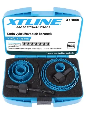 XTLINE Sada vykružovacích korunek 9 dílů | 19-73 mm, plastový box XTline