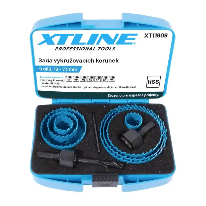 XTLINE Sada vykružovacích korunek 9 dílů | 19-73 mm, plastový box XTline