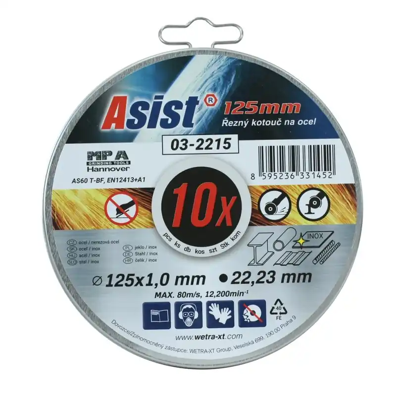 Sada řezných kotoučů ocel/INOX 125 x 1mm, 10ks v plechovém boxu ASIST 03-2215 ASIST
