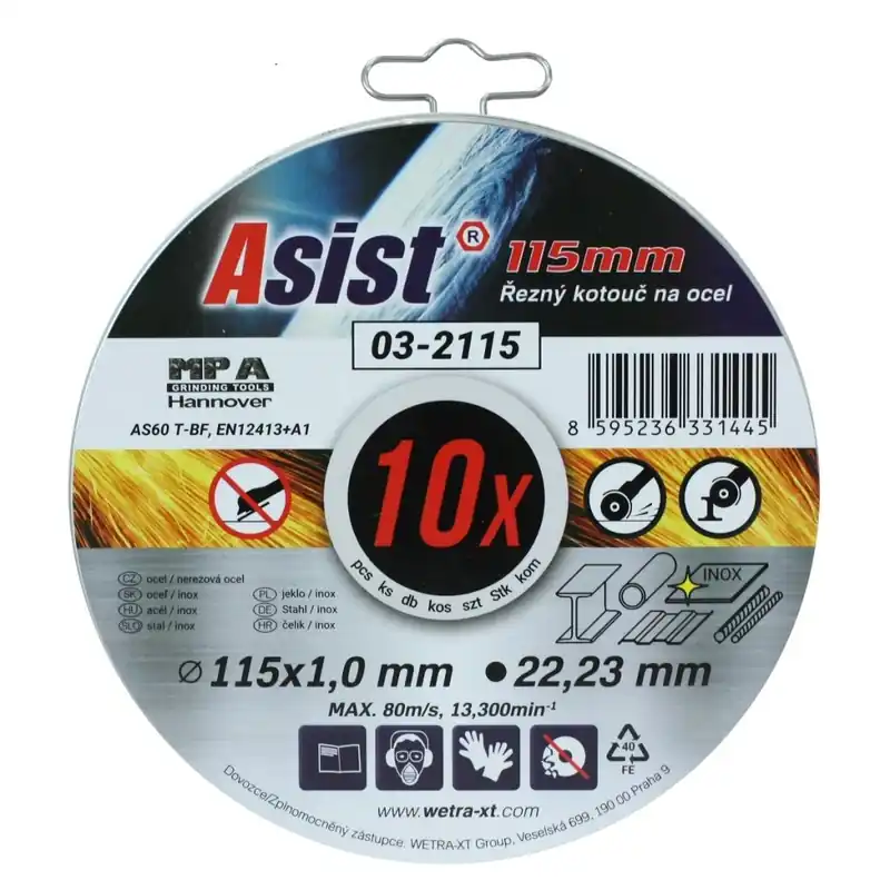 Sada řezných kotoučů ocel/INOX 115 x 1mm, 10ks v plechovém boxu ASIST 03-2115 ASIST